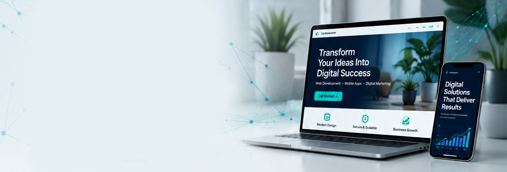 Laptop and mobile phone displaying digital business solutions